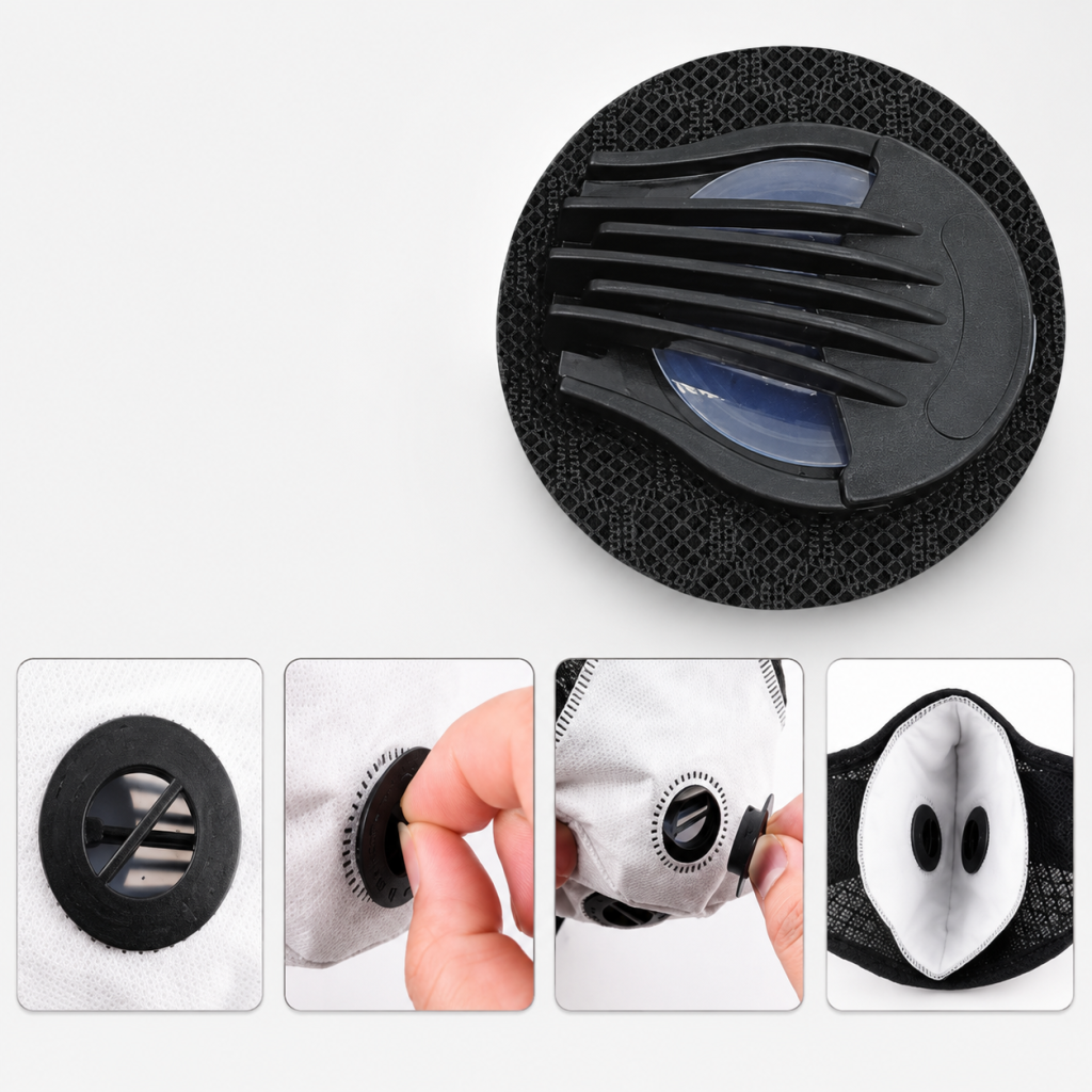 Step-by-step installation guide of a black exhalation valve on mesh cycling mask fabric
