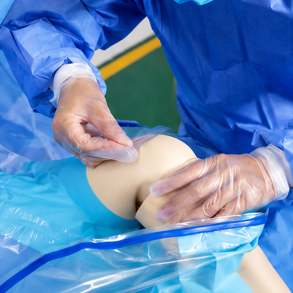 Surgical fluid collection bag opening shaped by Zhaowen aluminum strip on a medical drape
