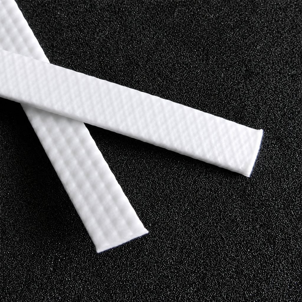 Close-up texture of white built-in all plastic nose strip for flat and folding masks